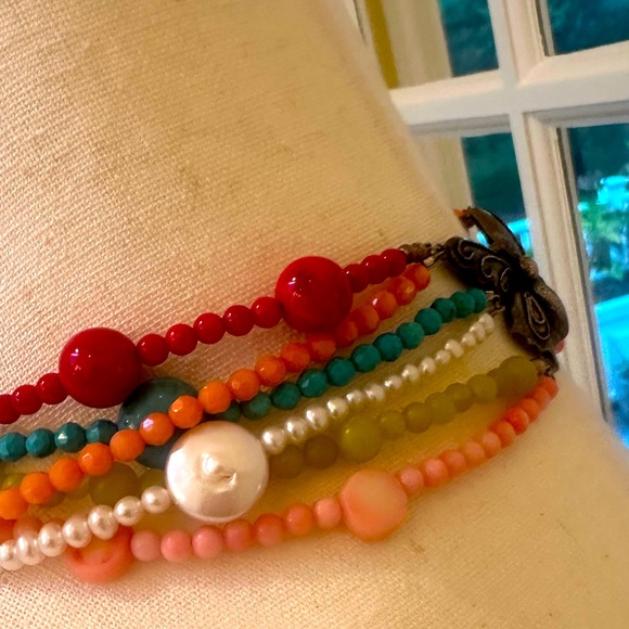 Vintage Silver Butterfly Clasp 6 Strand Beaded Necklace Choker Freshwater Pearl - Picture 5 of 9